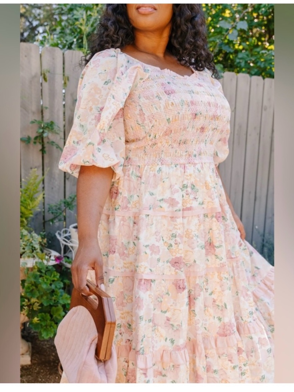 IVY CITY Rosalyn Dress . Smocked Floral Tiered  Dress in Pastel Pink and Cream